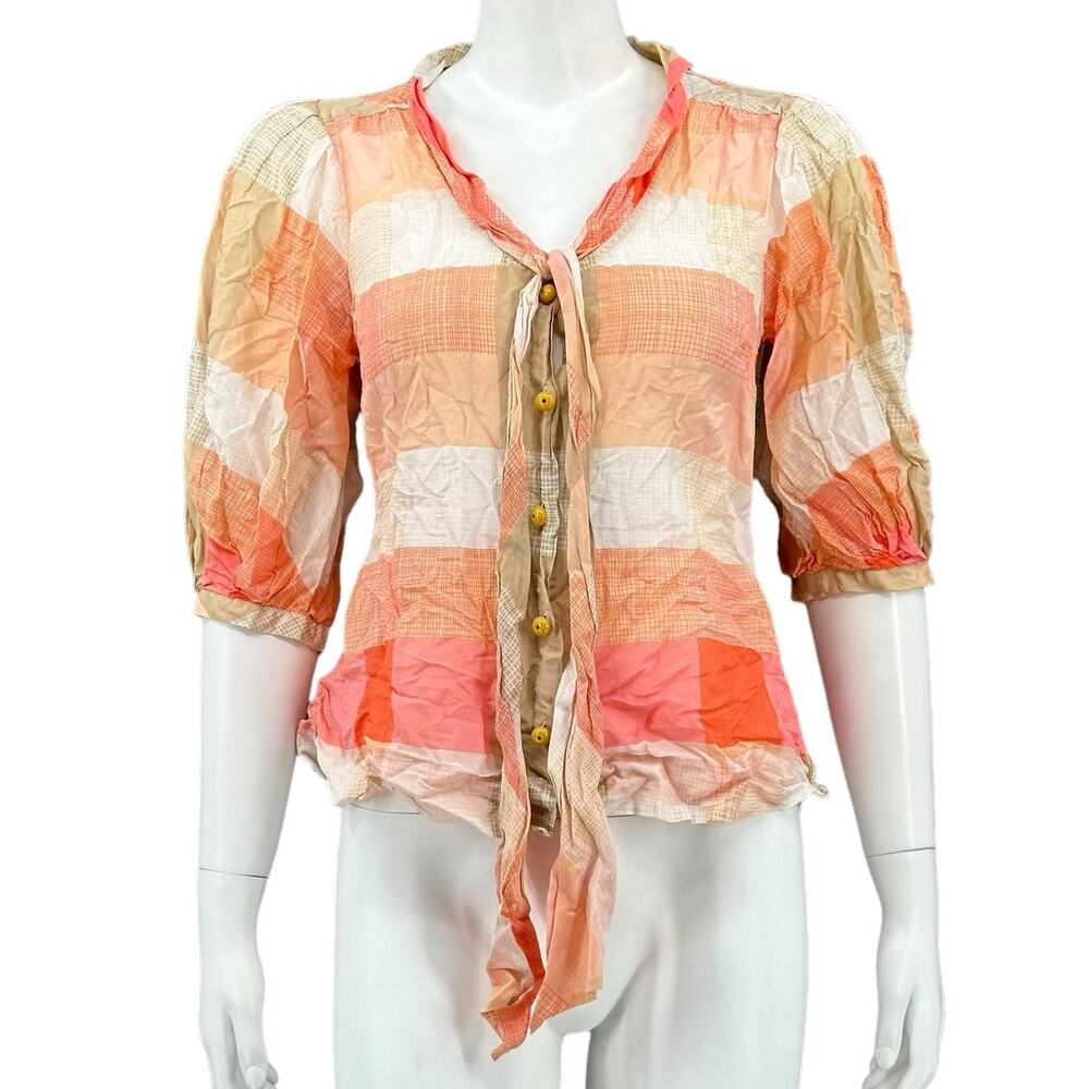 Maeve Anthropologie Top Women 4 Orange Pink Button Up Tie Neck Summer Boho Beach